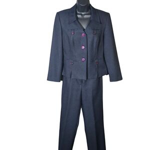 Sag Harbor Petite Suit Blazer Jacket Pants Set 8P Black Purple‎ Buttons Career